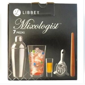 Libbey Mixologist 7 Pc Bartenders Set Metal Shaker Strainer Muddler Glasses NIB